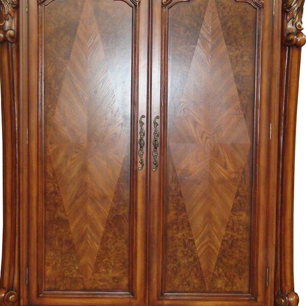 Wooden Armoire with Scrolled Motifs and Storage Space， Brown - - 31647434