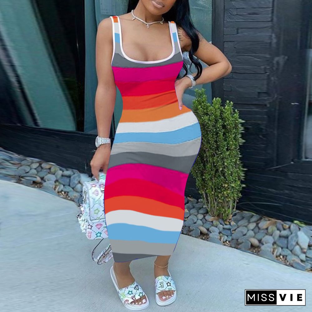 Summer Contrast Color Striped Sleeveless Bodycon Long Dress