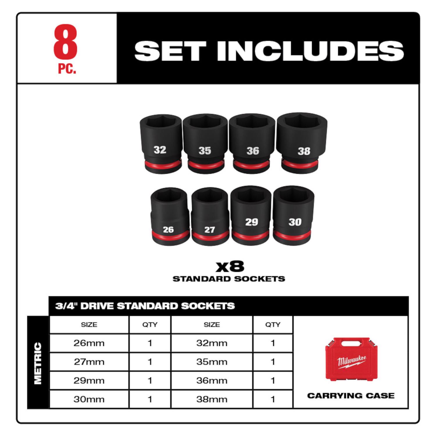 MW Shockwave 3/4 in. drive Metric 6 Point Standard Impact Socket Set 8 pc