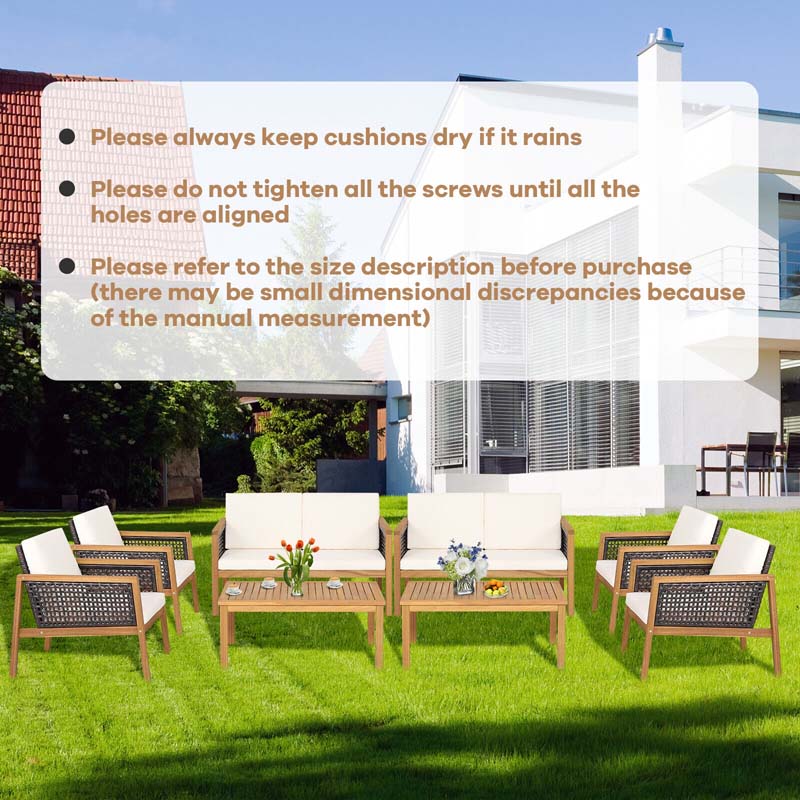 4 Pcs Outdoor Acacia Wood Furniture Set Rattan Patio Conversation Sofa Set with Coffee Table & Soft Cushions