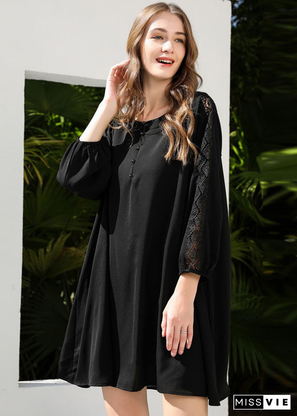 French Black Oversized Patchwork Lace Chiffon Dresses Bracelet Sleeve