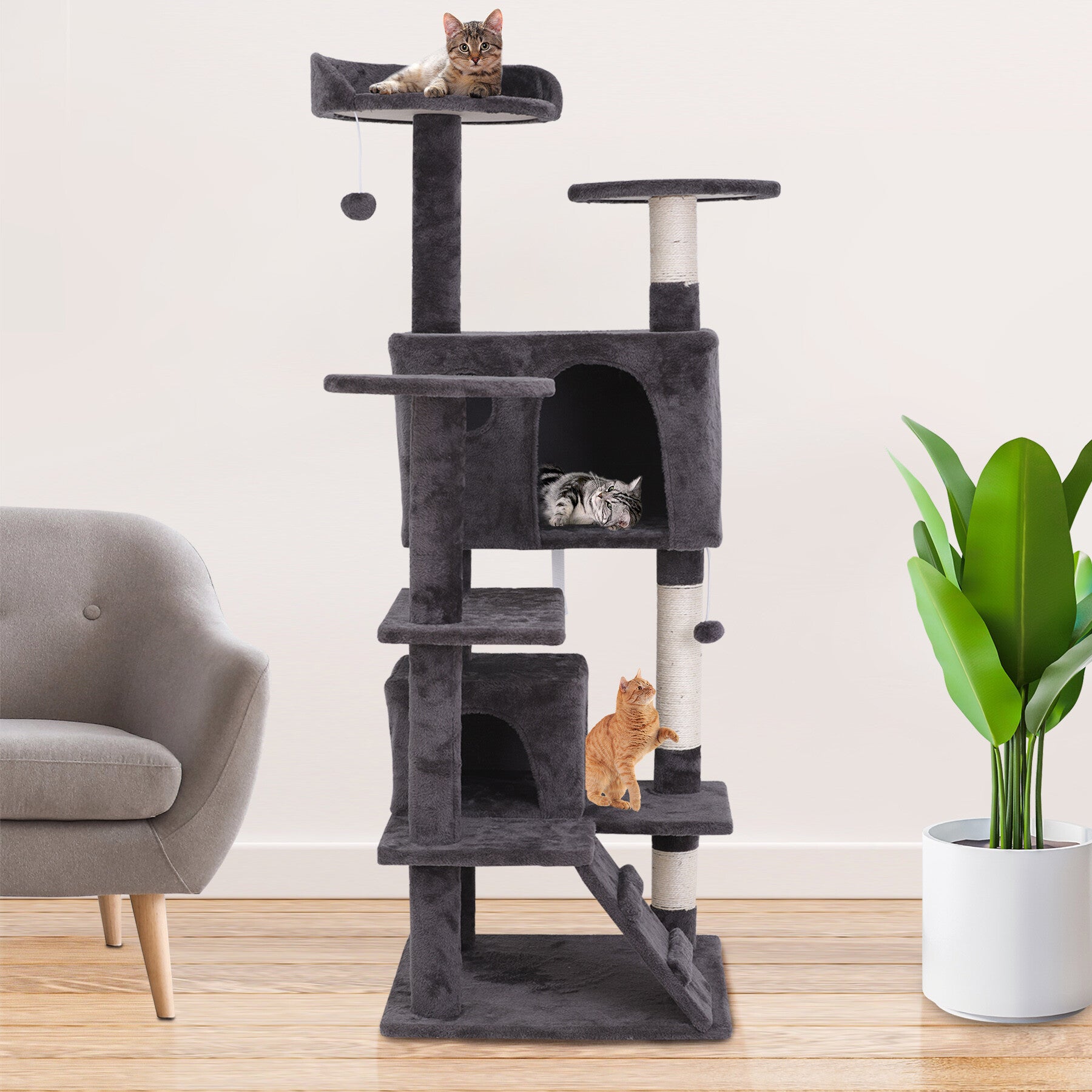 HomGarden 55''H Multi-Level Cat Tree Condo W/Scratching Post Tower and Perch， Play House Dark Gray