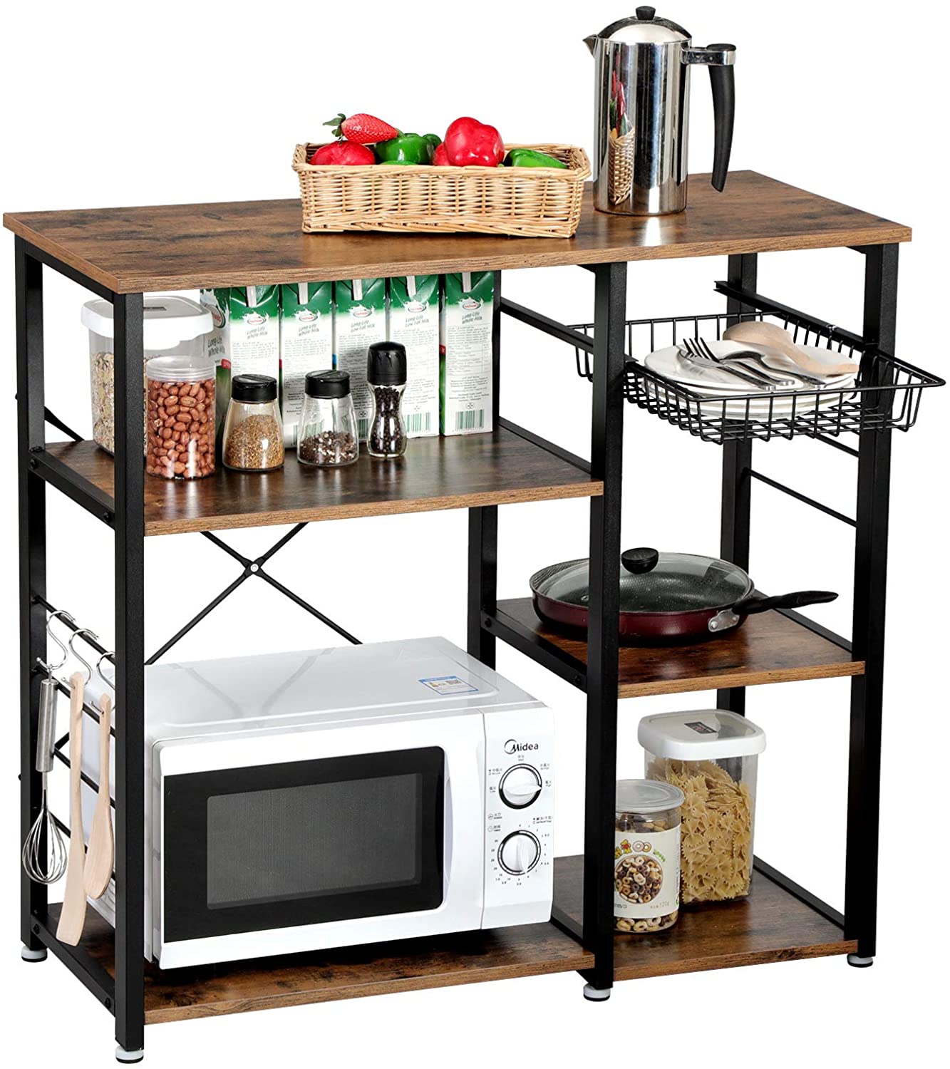 35 Industrial Kitchen Baker’s Rack， Coffee Bar， Microwave Oven Stand Metal Frame， Wire Basket 6 Hooks Mini Oven