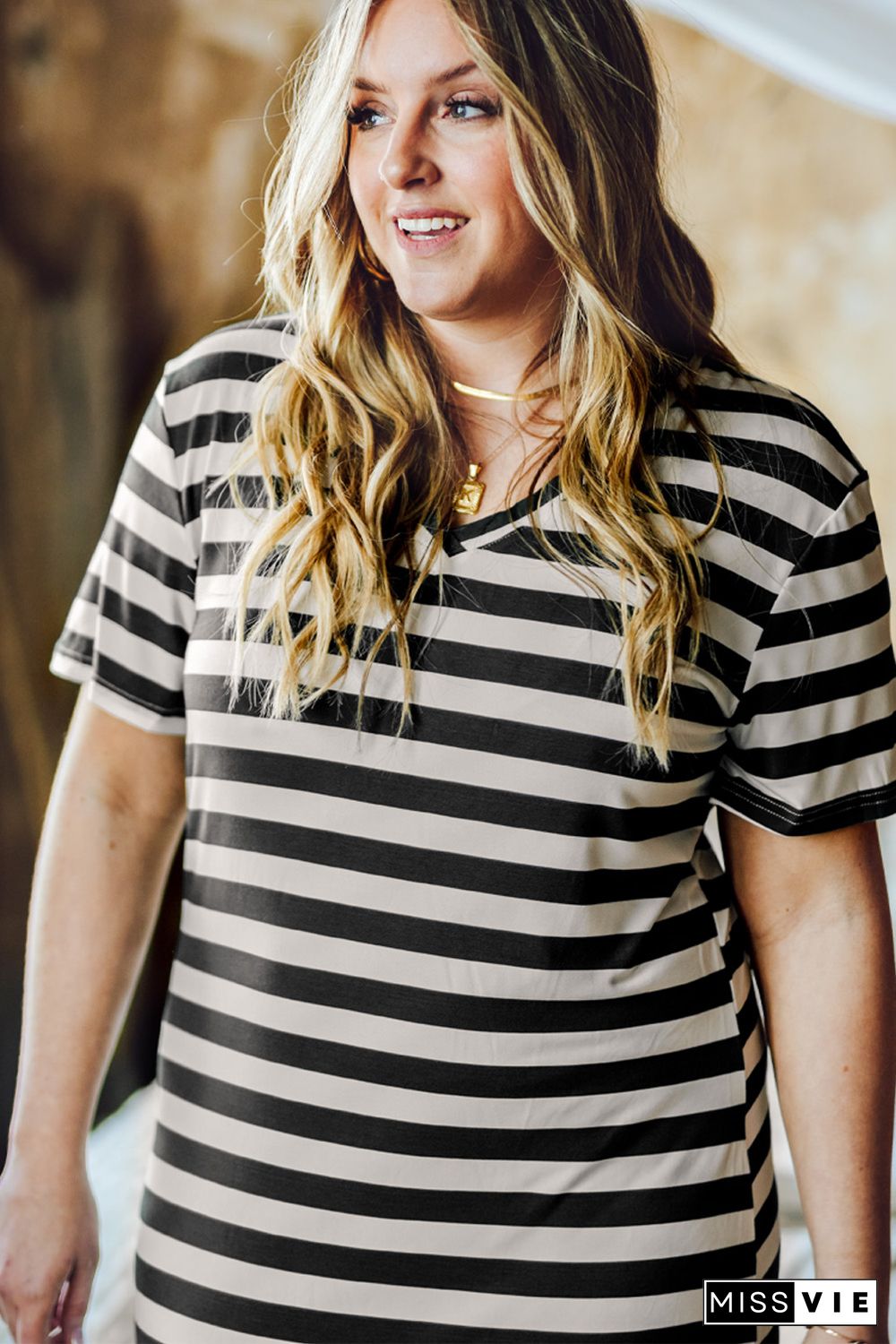 Black Plus Size Striped Print Long T-shirt Dress