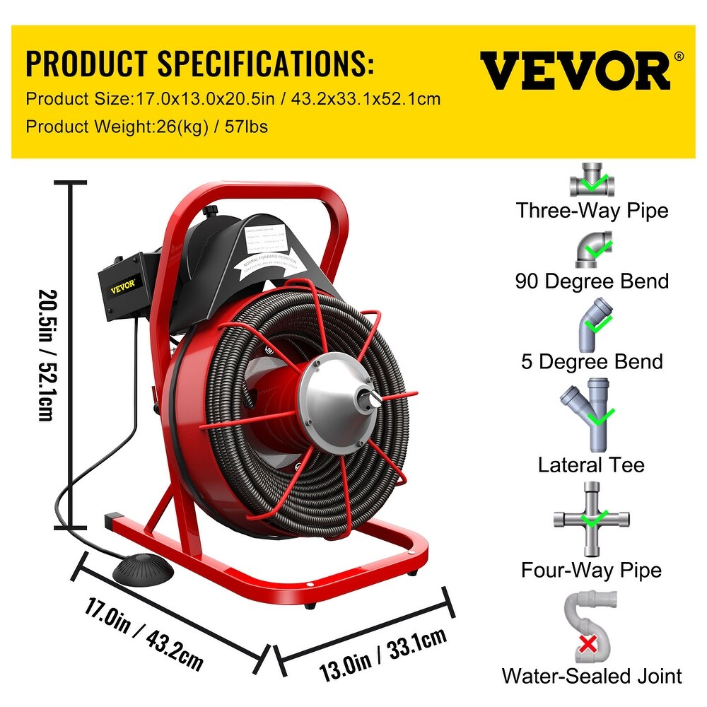 VEVOR Drain Cleaner Machine fit 1 Inch/25MM to 4 Inch/100MM Pipes Portable Electric Drain Auger with Cutters Glove