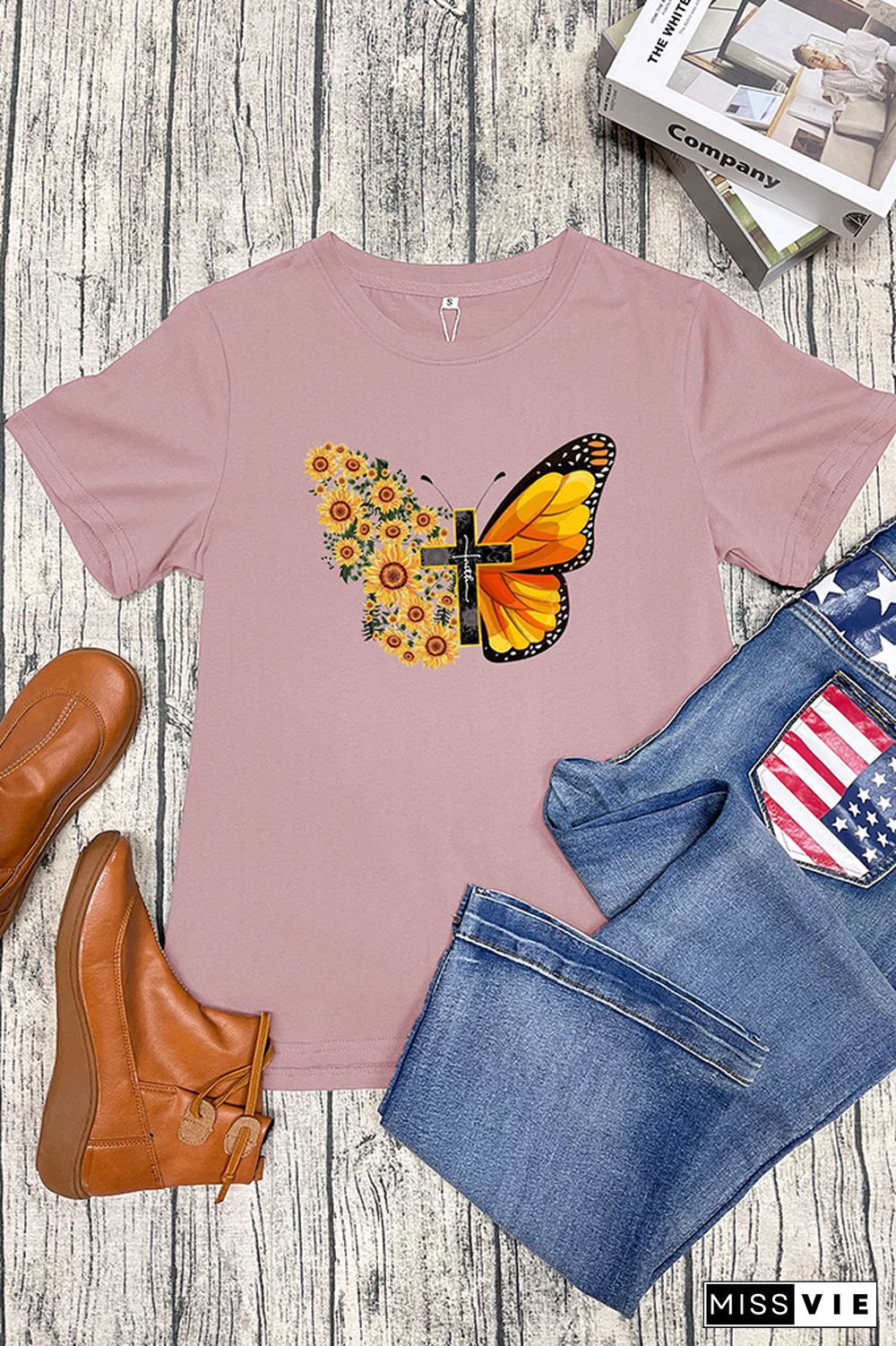 Butterfly Print Short Sleeve Graphic Tee Wholesale