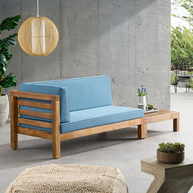 2pk Oana Outdoor Acacia Wood Left Arm Loveseat amp Coffee Table With Cushion Teak blue Christopher Knight Home