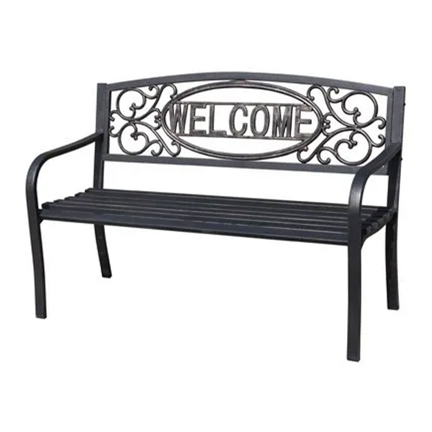 Four Seasons Courtyard Welcome Outdoor Patio Park Bench Durable Powder Coated Steel Framed Garden Or Walking Path Seat With 500 Pound Capacity Black