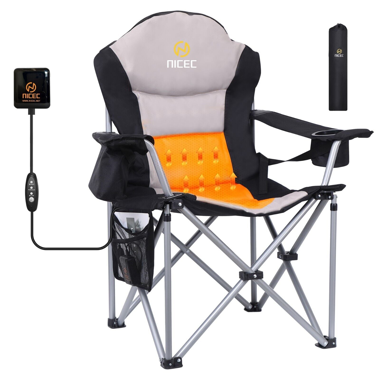 Nice C Heated Camping Chair， Heated Chair， Beach Chair， Folding Chair， Extra WideandThick Padding， Heavy Duty with Cooler， Armrest， Carry Bag， Cupholder and Side Pockets (Set of 1)