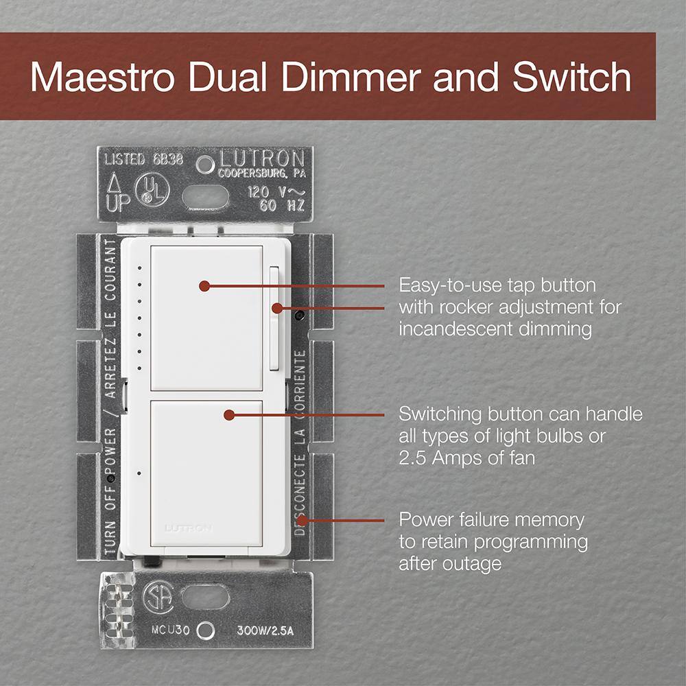 Lutron Maestro Dual Dimmer and Switch For Incandescent Bulbs Only 300-WattSingle-Pole Midnight (MA-L3S25-MN) MA-L3S25-MN