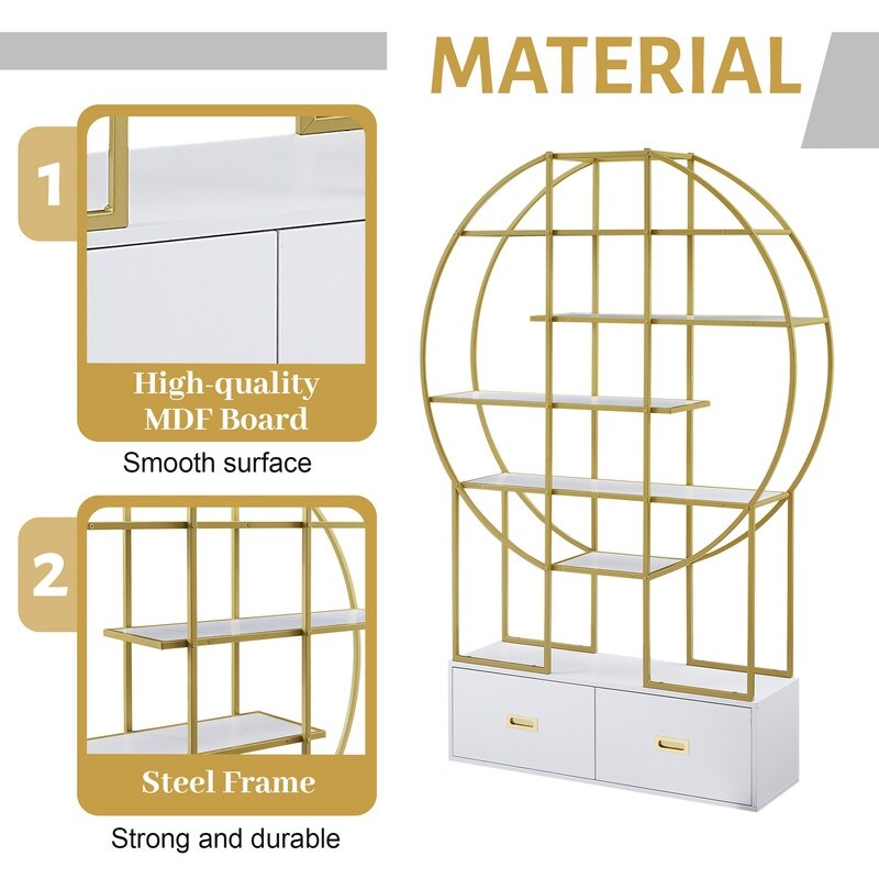 70.8 Inch Gold Frame Round Bookcase Office Bookshelf with Two Drawers