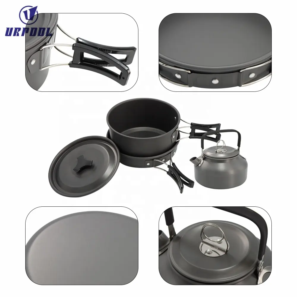 Portable Camping pots Set Lightweight Picnic Cooking Set Include Big Small Pot Frying Pan Bowls Soup Spoon Rice Ladle Loofah