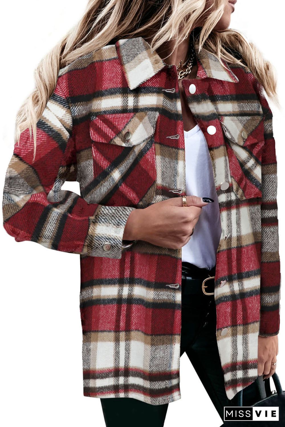 Geometric Plaid Print Pocketed Shirt