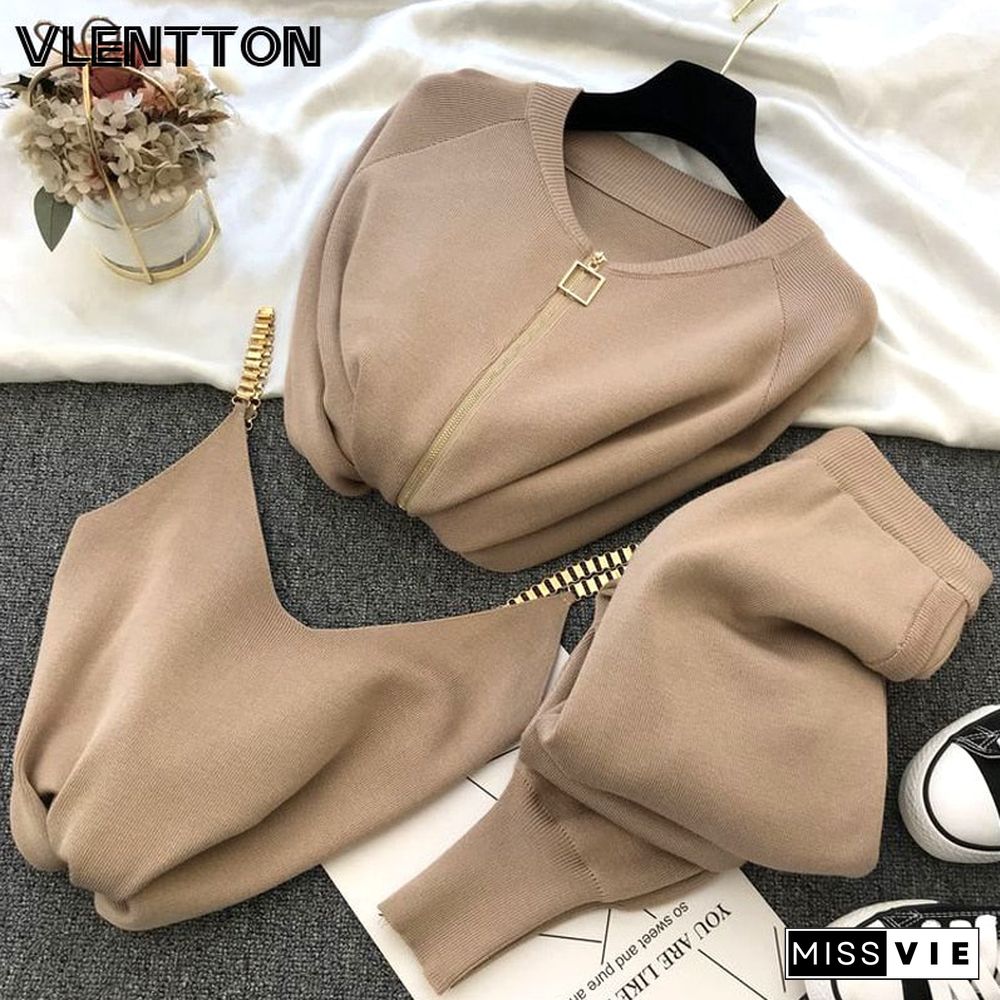 Autumn Winter Women Knitted Tracksuits 3Pcs Set Zipper Cardigans Sweaters+Elastic Pants Suit+Vest Female Casual Trouser Outfits