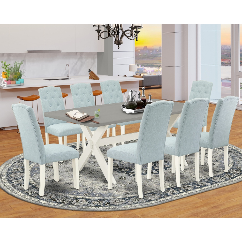 East West Furniture Dining Table Set  a Dining Table and Baby Blue Linen Fabric Upholstered Chairs  Linen White(Pieces Options)