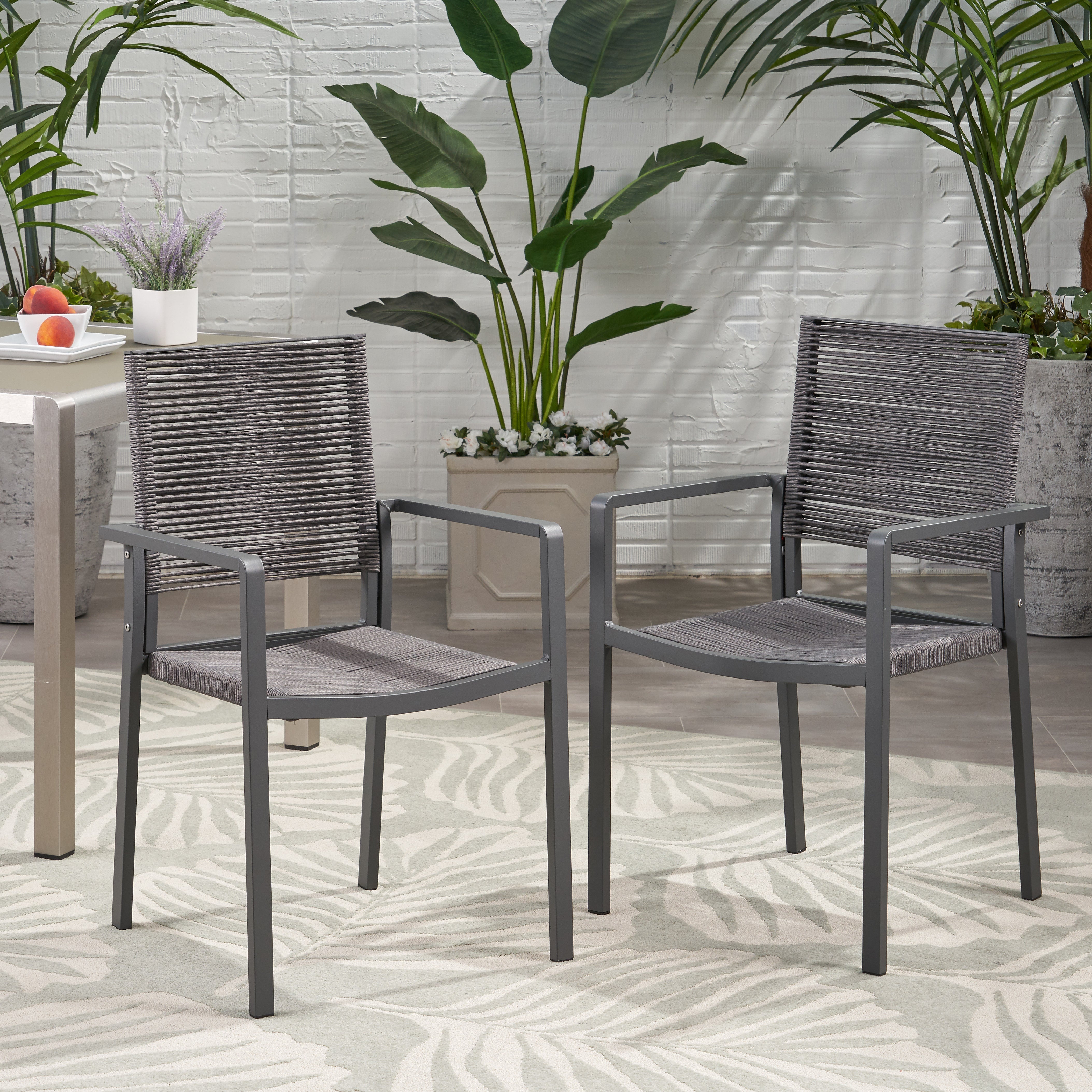 Lillian Outdoor Modern Aluminum Dining Chair with Rope Seat (Set of 2)