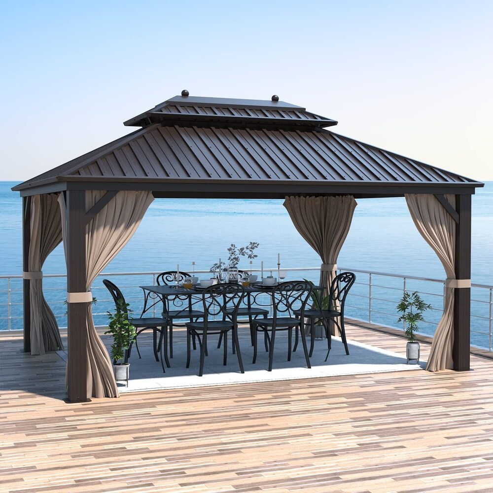 Outdoor Galvanized Steel Hardtop Patio Gazebo Pergola w/Aluminum Frame  Prime Curtains and nettings include