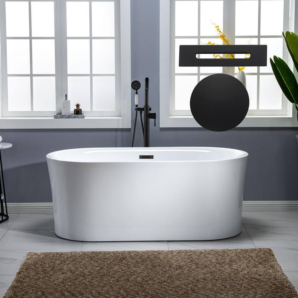 WOODBRIDGE 59 in. Acrylic Flatbottom Double Ended Air Bath Bathtub with Matte Black Overflow and Drain Included in White HBT6092