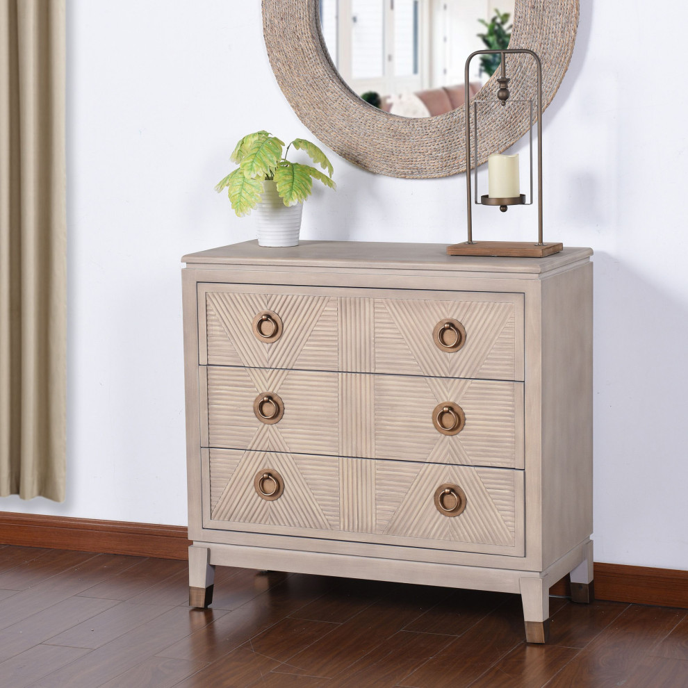 Windsor Three Drawer Chest Beige Bisque Finish Antique Brass Hardware   Transitional   Accent Chests And Cabinets   by StyleCraft  Houzz