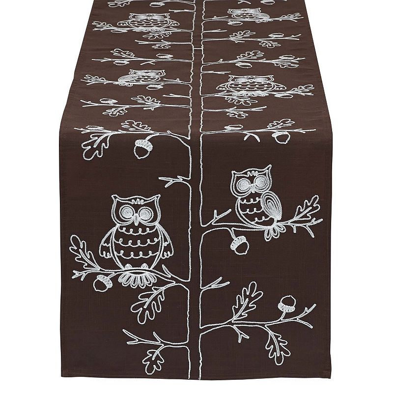 70 Brown and White Embroidered Owls Rectangular Table Runner