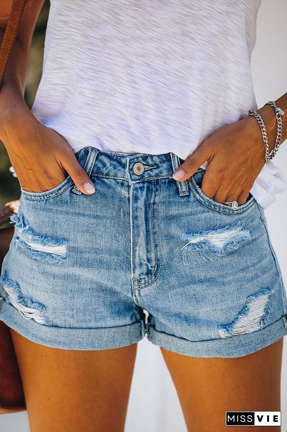 Vintage Distressed Cuffed Denim Shorts