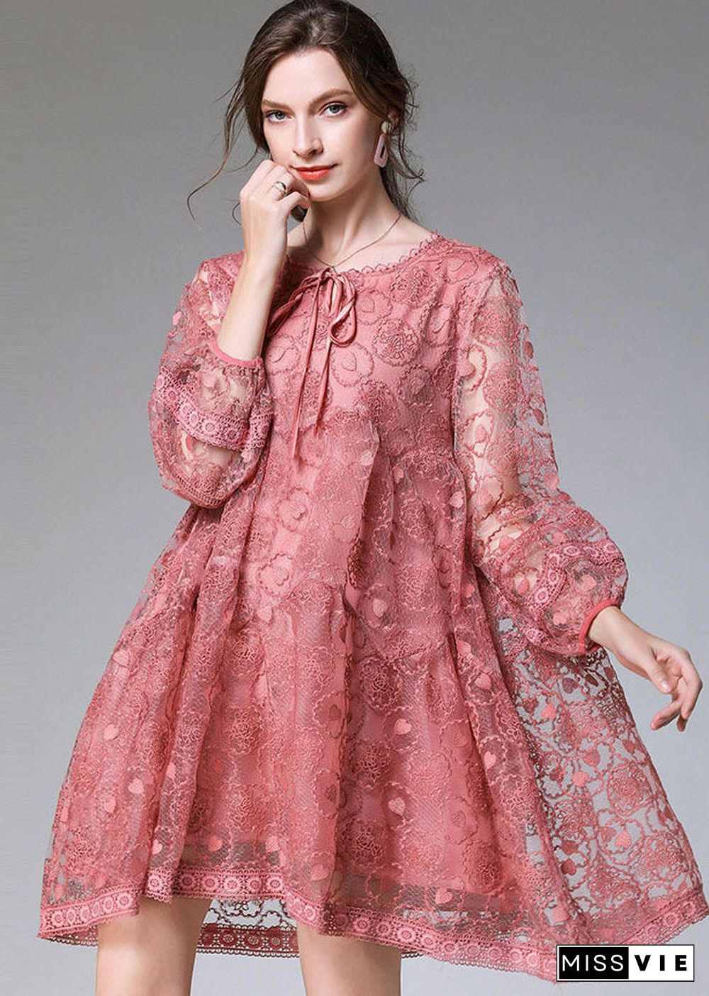 Fitted Pink Embroideried Patchwork Lace Mid Dress Long Sleeve