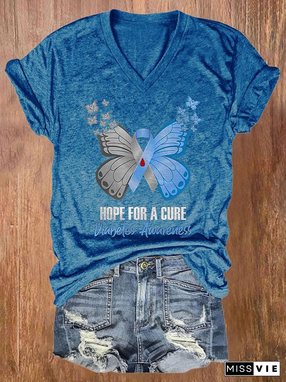 Women's Casual Hope For A Cure Diabetes Awareness Printed Short Sleeve T-Shirt