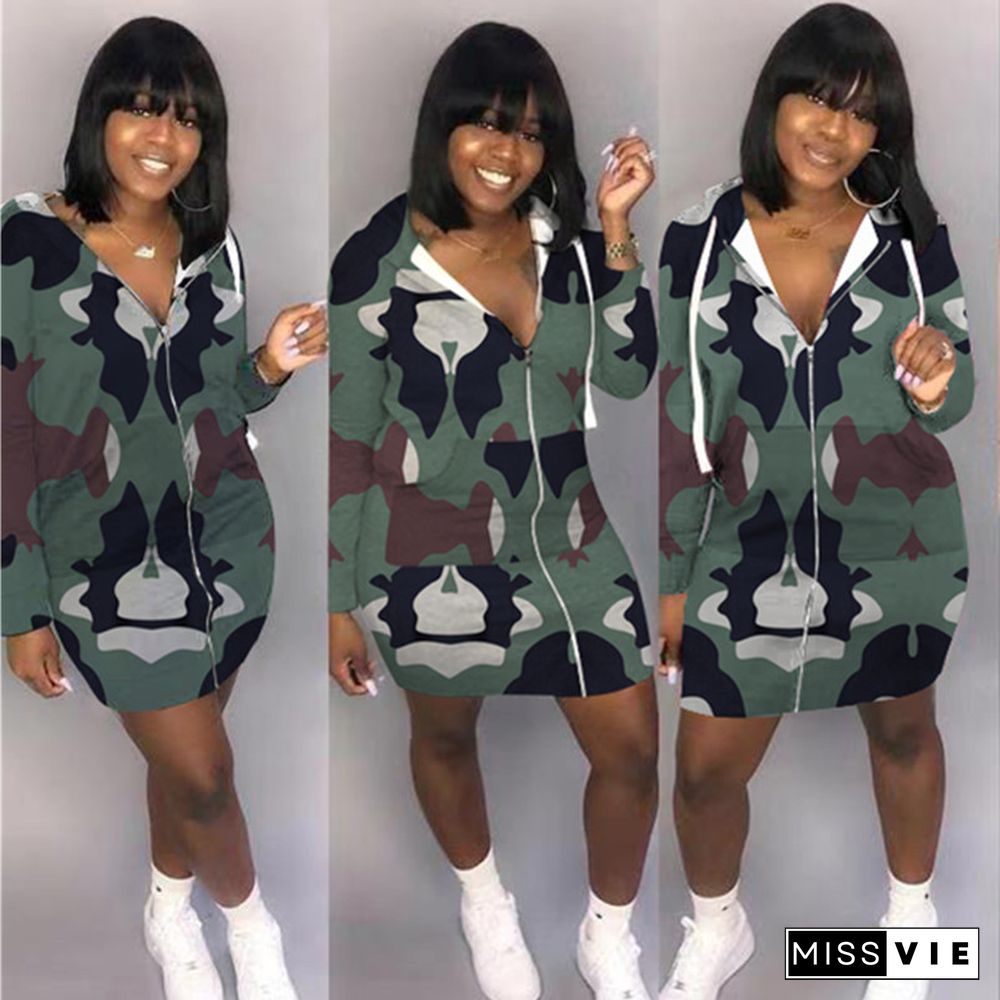 Sexy Camouflage Print Zipper Hoodies Short Dress