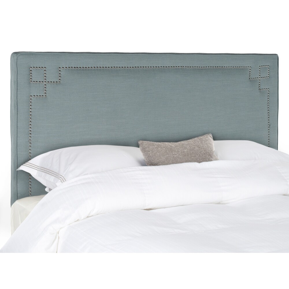 SAFAVIEH Remington Sky Blue Linen Blend Upholstered Greek Key Headboard (Full)