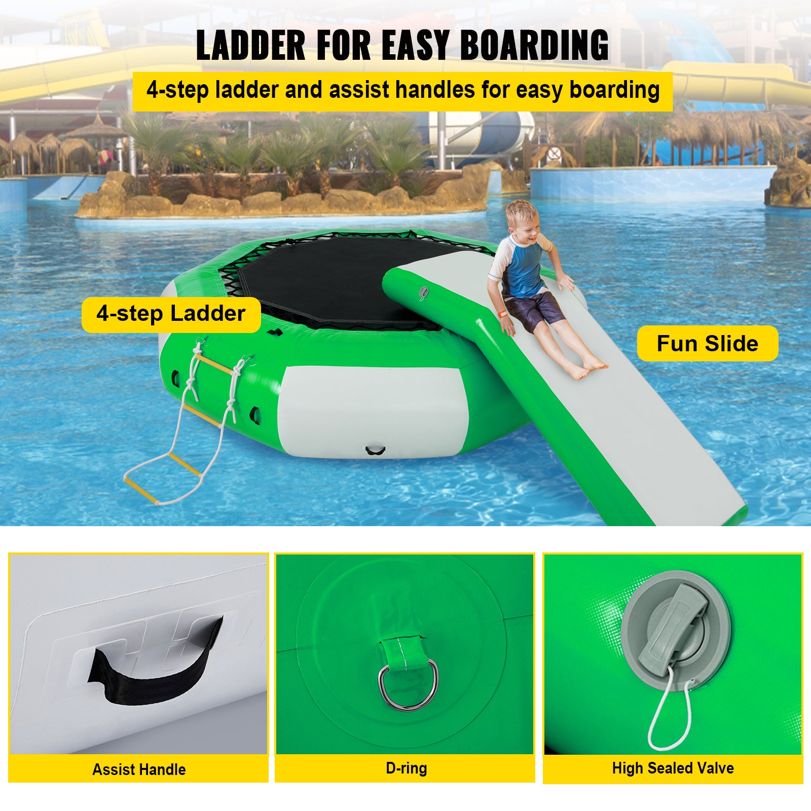 VEVORbrand Inflatable Water Trampoline 10ft ， Round Inflatable Water Bouncer with Yellow Slide and 4-Step Ladder， Water Trampoline in Green and White for Water Sports