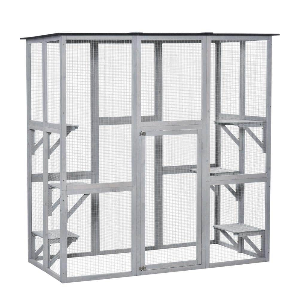 PawHut 71 in. L Large Grey Wooden Outdoor Cat House Catio Enclosure, Kitten Cage w/Weather Protection, Cat Patio w/ 6 Platforms D32-004GY