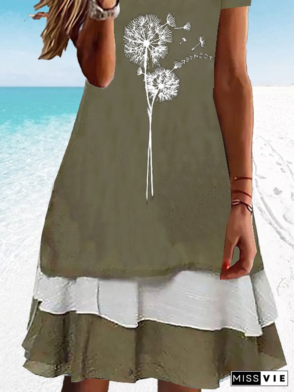 Crew Neck Loosen Dandelion Short Sleeve Woven Dress