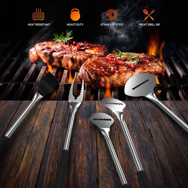 BBQ Grill Tool Sets 9 Pcs Stainless Steel Griddle Accessories Grilling Accessories Sets with Basting Cover Scraper Spatula Thermometer Flavor Injector BBQ Gift for Outdoor Barbecue Teppanyaki Camping