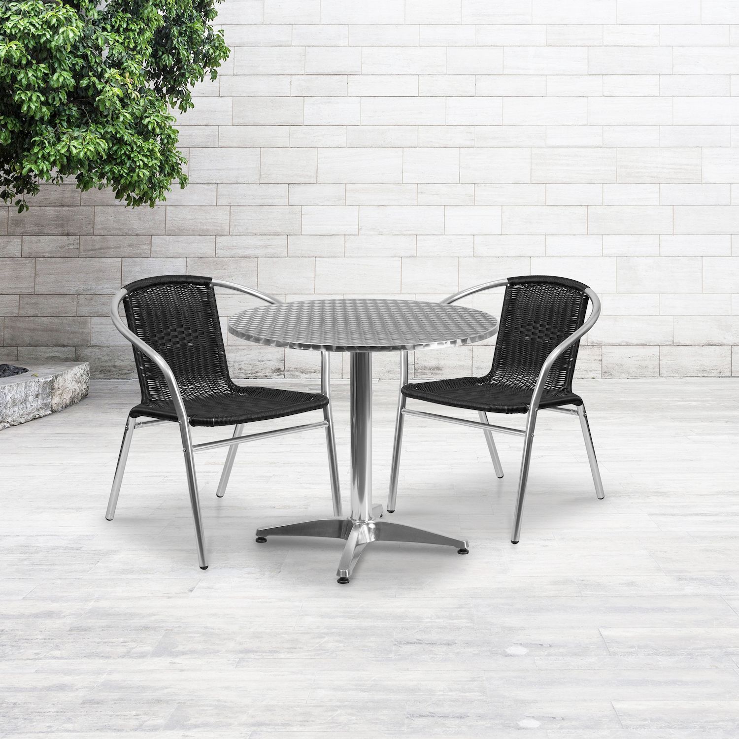 Emma and Oliver 31.5 Round Aluminum Table Set-2 Black Rattan Chairs