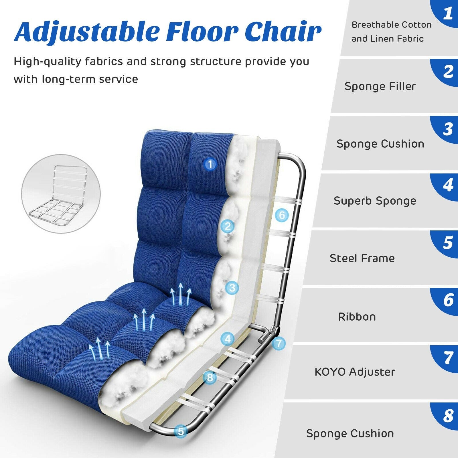 Adjustable Floor Gaming Sofa Chair 14-Position Cushioned Folding