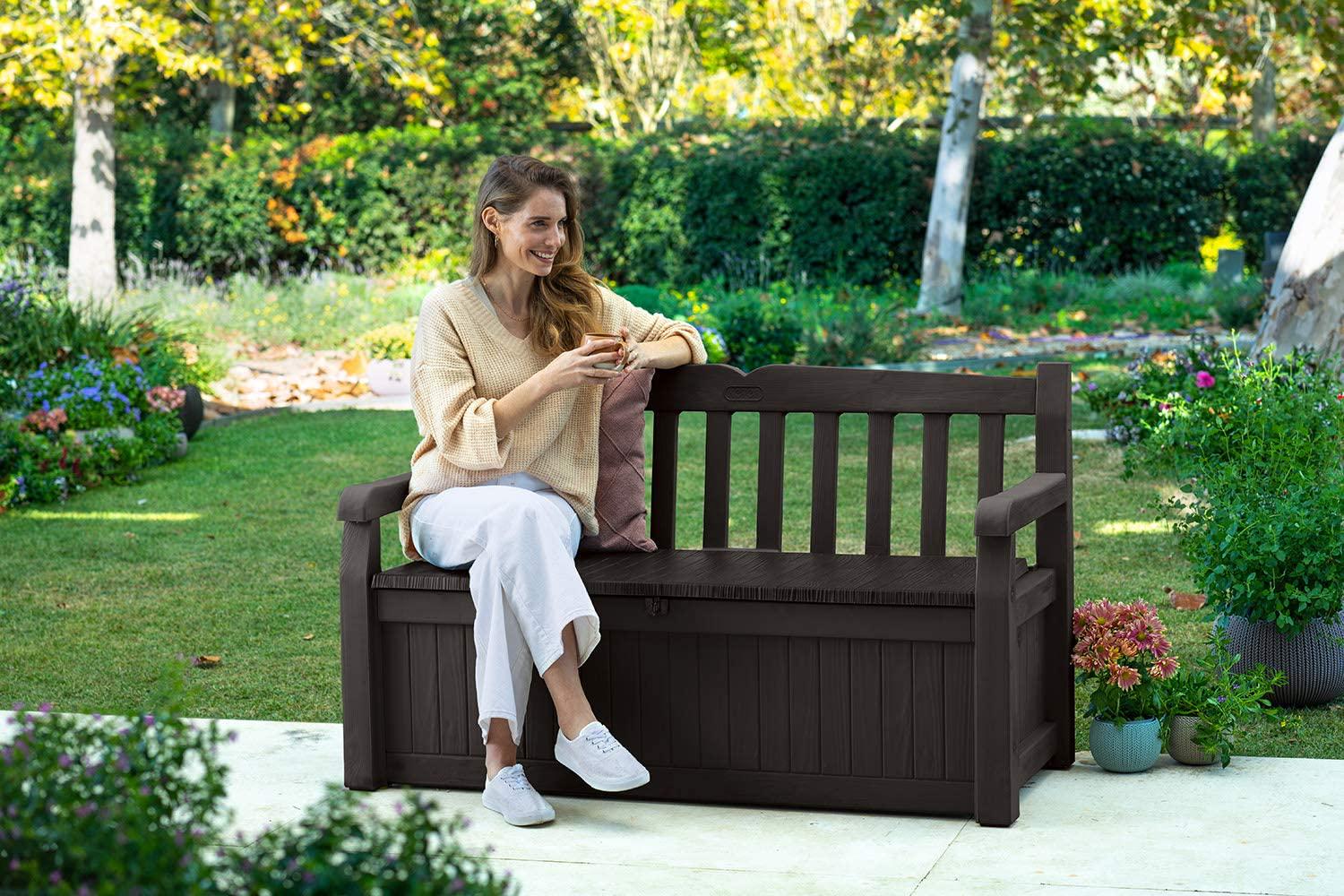 Keter Solana 70 Gallon Storage Bench Deck Box for Patio Furniture, Front Porch Decor and Outdoor Seating Perfect to Store Garden Tools and Pool Toys,Brown/Brown