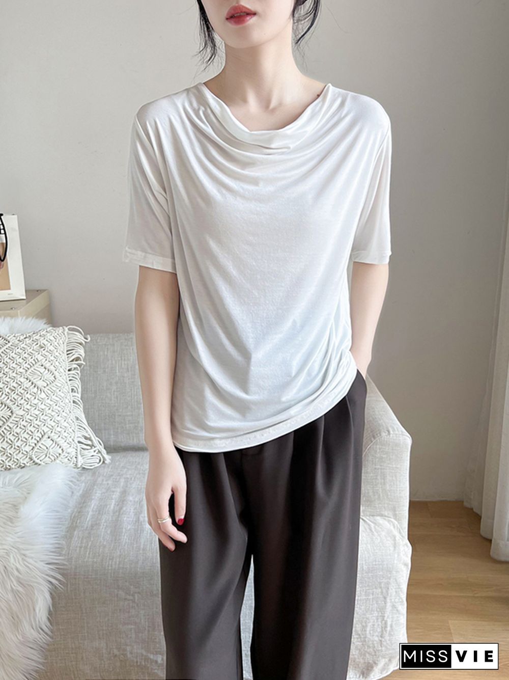 Short Sleeves Pleated Solid Color Heaps Collar T-Shirts Tops