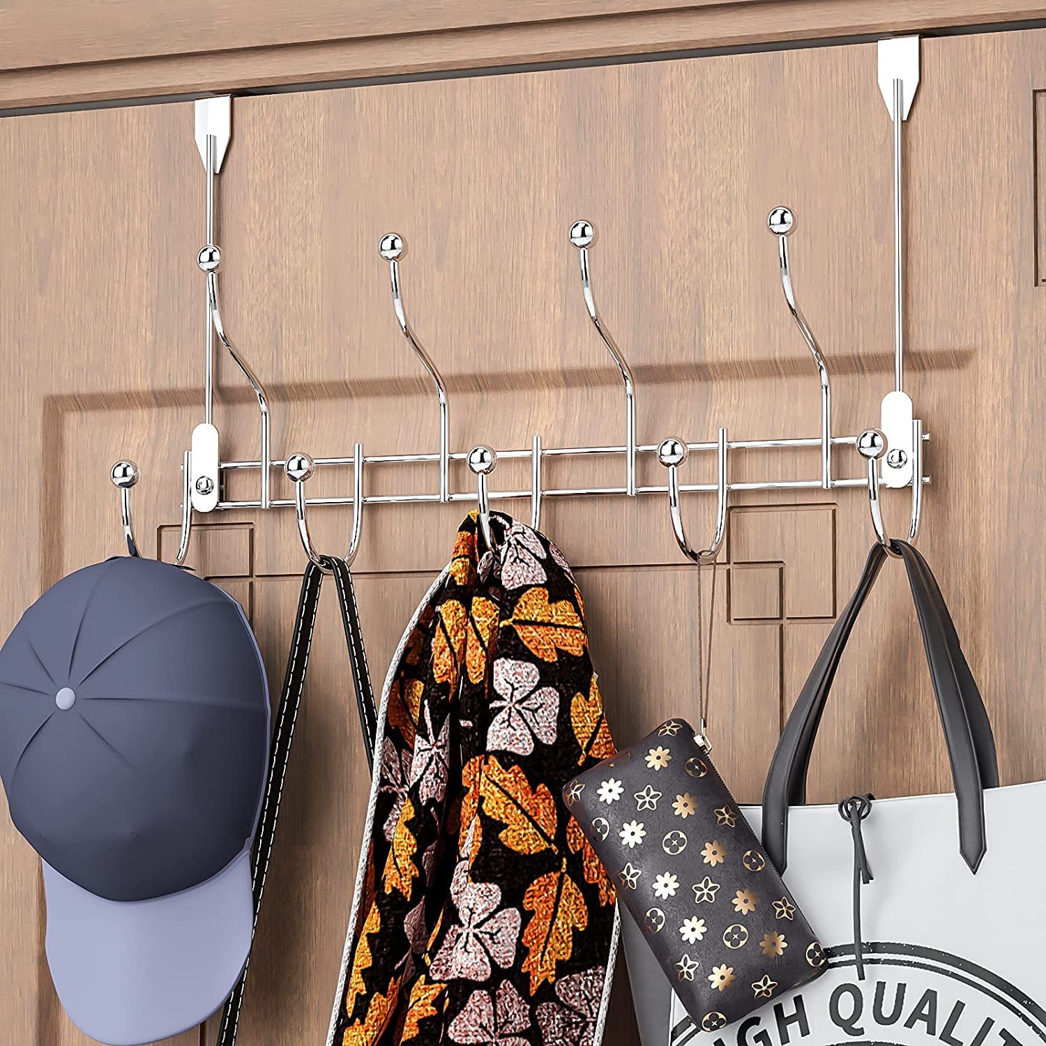 HapiRm Over Door Towel Rack Hook Hanger with 9 Hooks， Heavy-Duty Hook Coat Rack with High Bearing Capacity for Hanging Clothes， Coat， Bag， Robe， Heavy Jackets， Towel， Hat， Silver(15.4