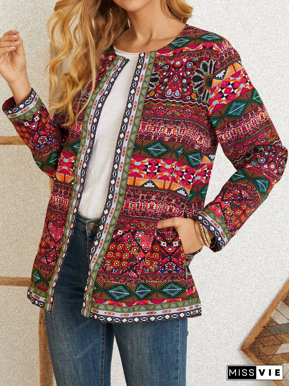 Vintage Ethnic Print Ribbon Patchwork Pockets Long Sleeve Jackets