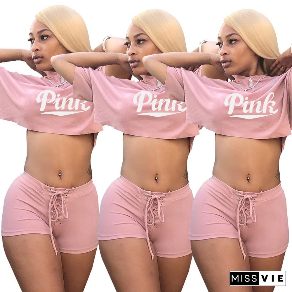 Letter Short Sleeve Hooded Crop Top Bandage Shorts Set