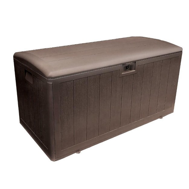 Plastic Development Group 105 gallon Weather resistant Resin Outdoor Patio Storage Deck Box With Lid Retainer Straps Java Brown