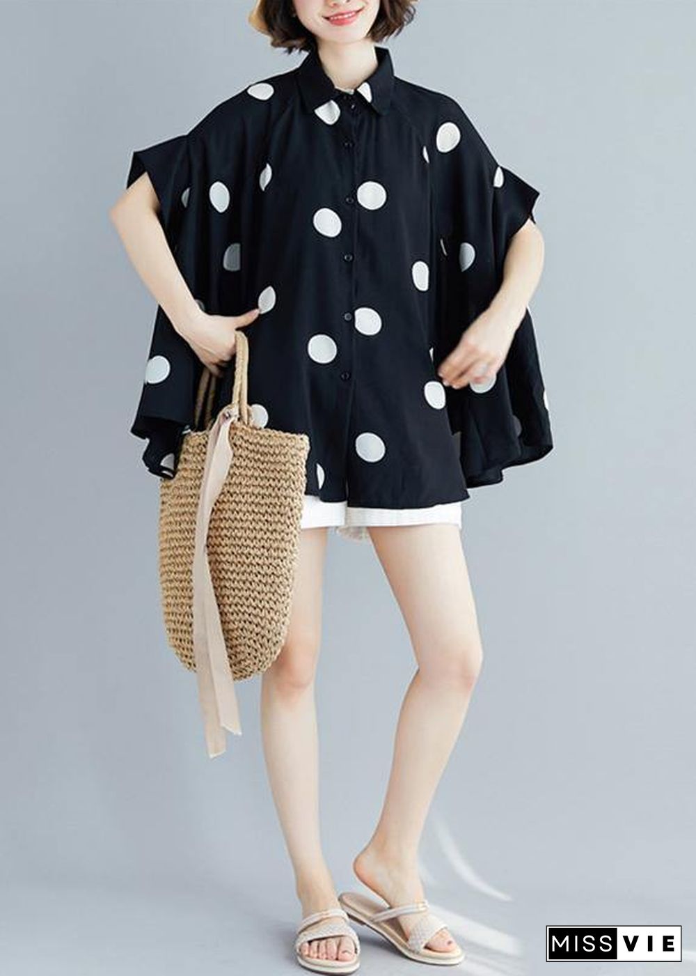 Italian black dotted chiffon tops quality Sewing lapel Art Summer shirt