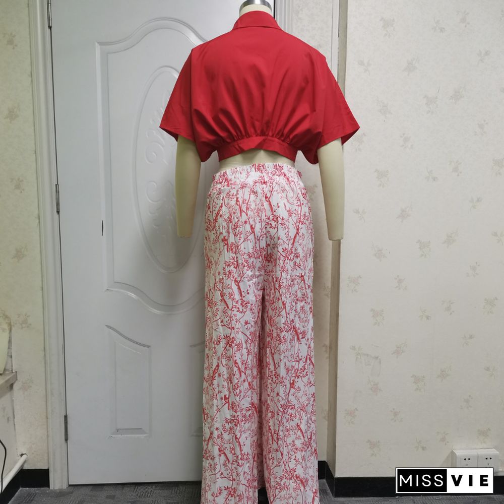 Wefads Womens Two Piece Sets Sexy Mid Sleeve Shirt Elgant Floral Print Wide Leg Pant High Streetwear