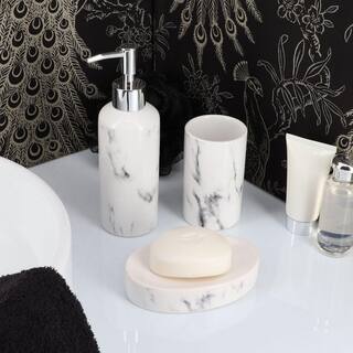 Marble  4-Pieces Bath Accessory Set with Soap Pump Tumbler Soap Dish and Toilet Brush Holder in Dolomite White SET4MARBLE-6182