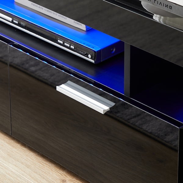 Black morden TV Stand with LED Lights， High Glossy Front TV Cabinet， Can Be Assembled for Lounge Room