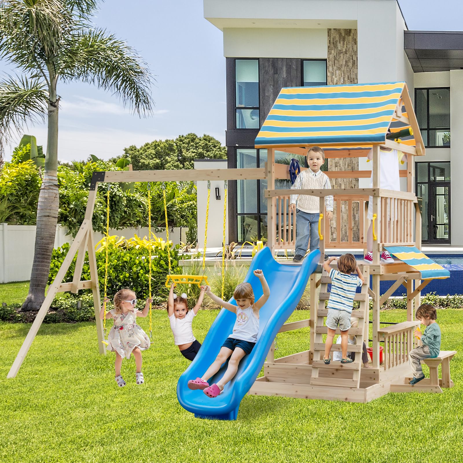 Costzon Wooden Swing Set for Backyard