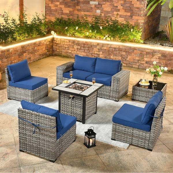 OVIOS Patio Wicker Furniture Wide Arm 7piece Fire Pit Set with Table