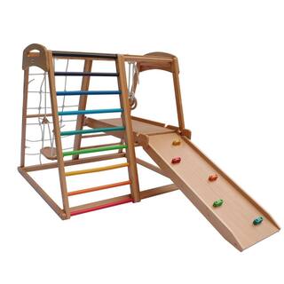 TIRAMISUBEST Solid Wood 7-in-1 Indoor Climber with Slide and Swing for Kids from 18 months to 10 years old W679XYS00027