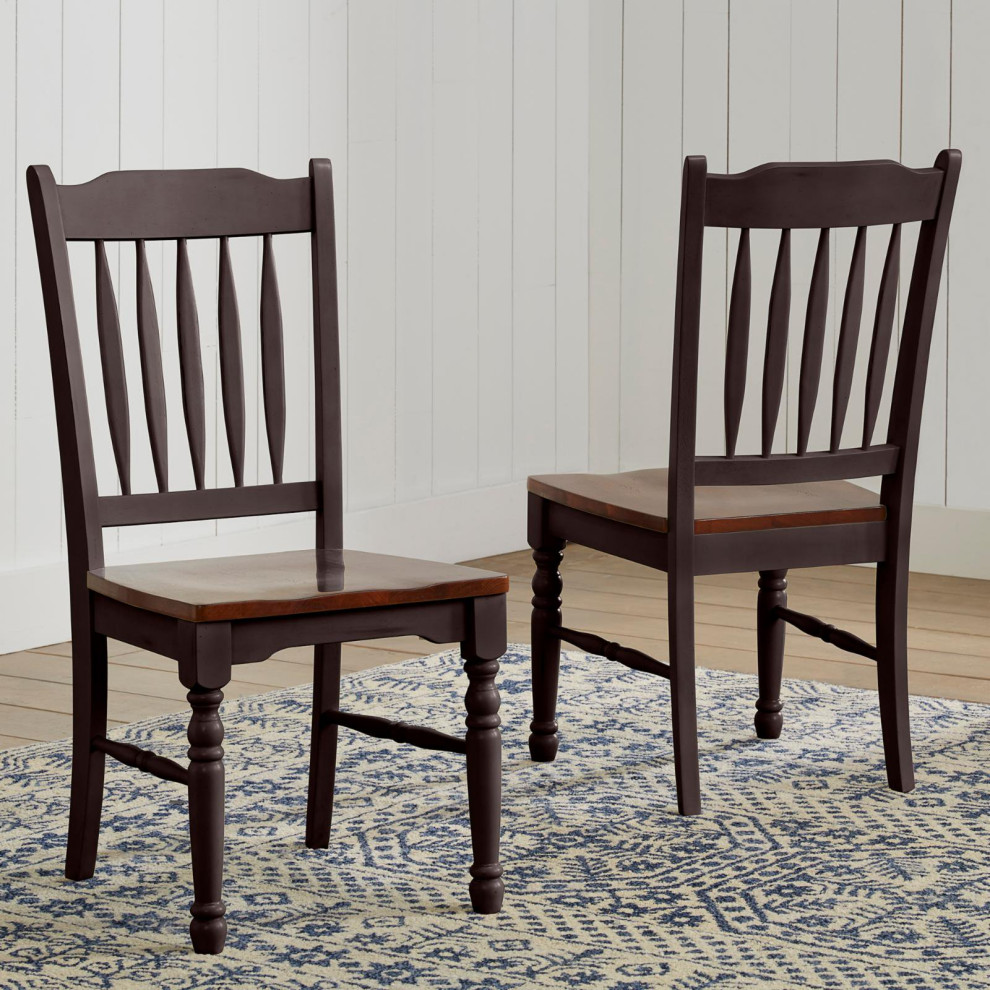 2 Pack Dining Chair  Rubberwood Frame With Curved Seat  ampSlatted Back  Oak/Black   Traditional   Dining Chairs   by Decor Love  Houzz