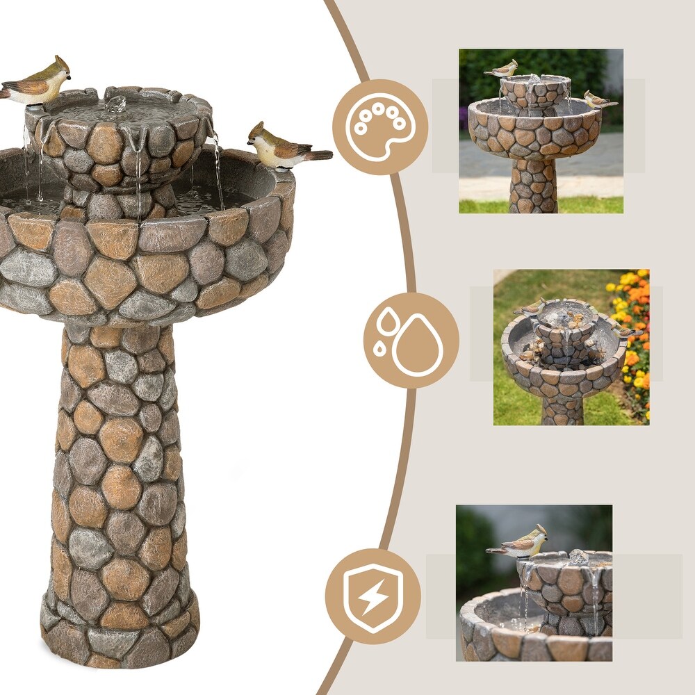 Glitzhome 24.5 inch Outdoor 2 tier Faux Pebbles Polyresin Birdbath Fountain with Pump